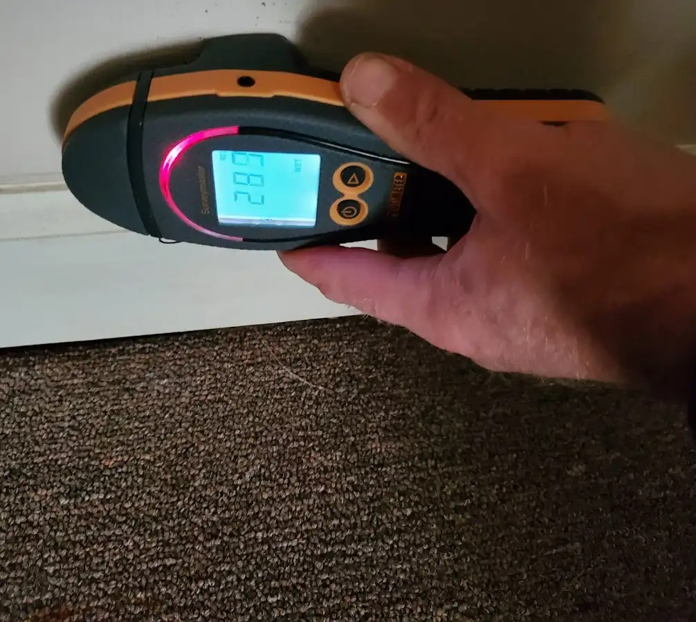 Moisture detection at baseboard during Storm Damage Restoration in Champlain